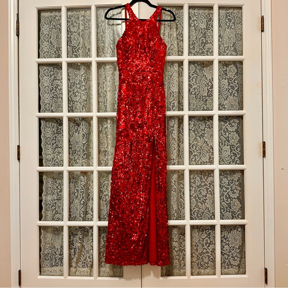 Flirt by Maggie Sottero Red Sequin Halter Prom Dress Slit Size 4